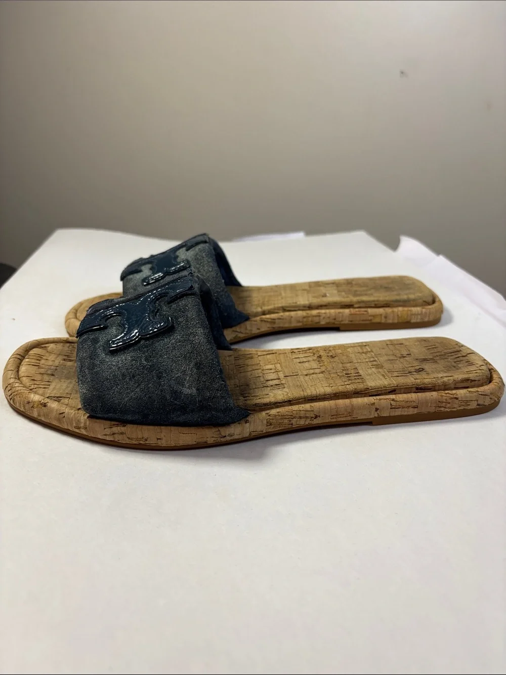 Tory Burch Double T Sport Slide in a blue suede Size 7.5
